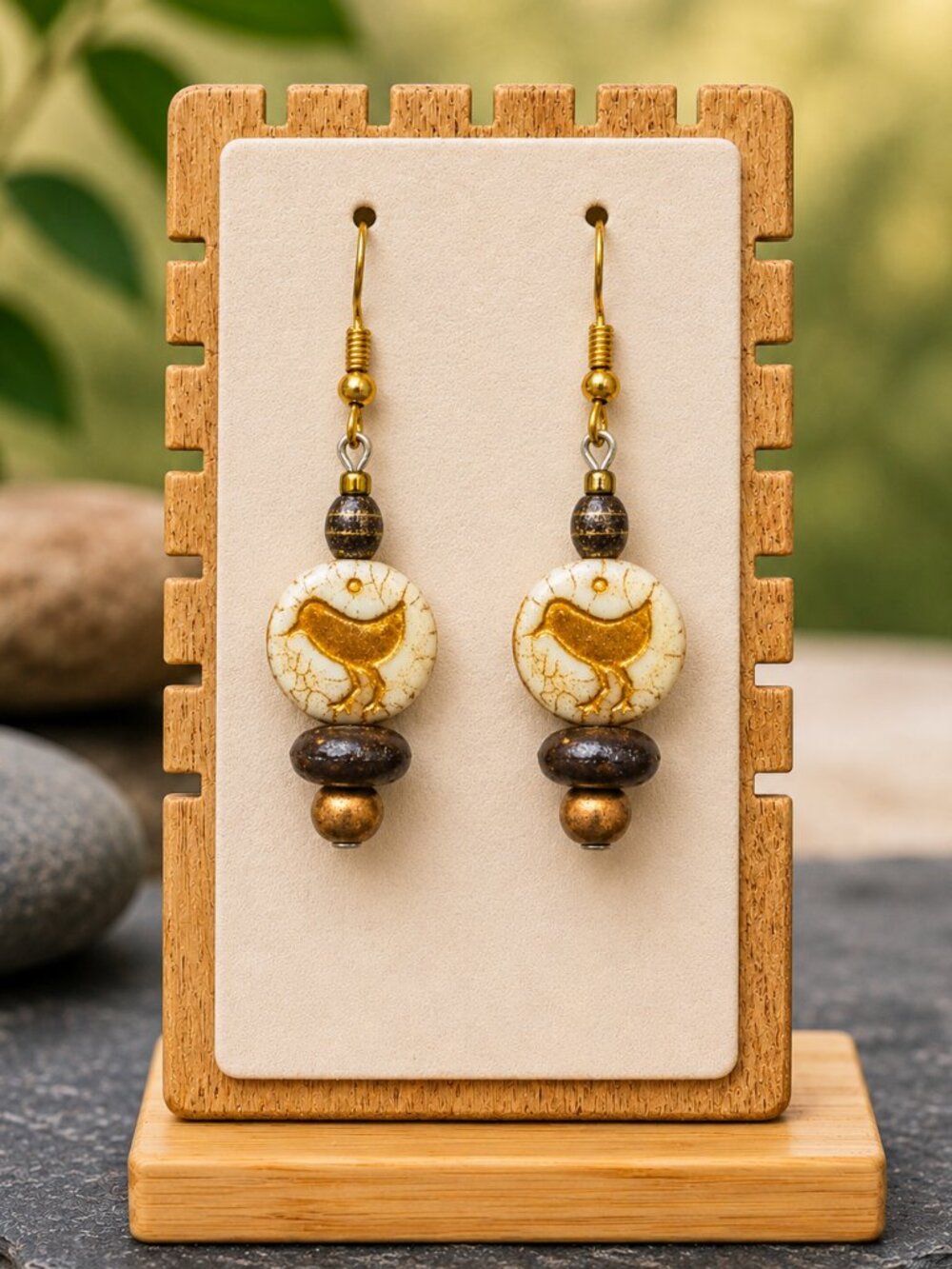 Czech Glass Bird Drop Earrings Cream Gold | Handmade